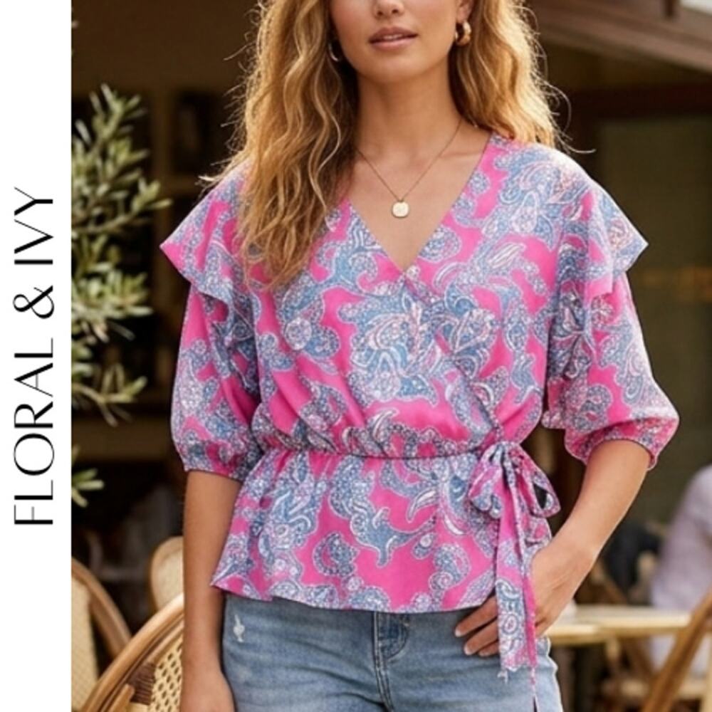 Floral & Ivy NWT Pink Blue Paisley Floral Peplum Blouse Surplice V-Neck Size L
